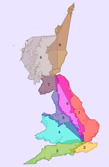 Regions defined by the first number of UK roads. Produced by removing all motorways, trunk roads (ending in (T)) and roads over 75km in length (150km in Scotland)